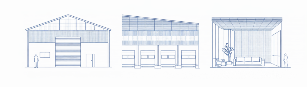 Esquema técnico que muestra la aplicación de soluciones lusen en FRP en cubiertas, fachadas e interiores arquitectónicos
