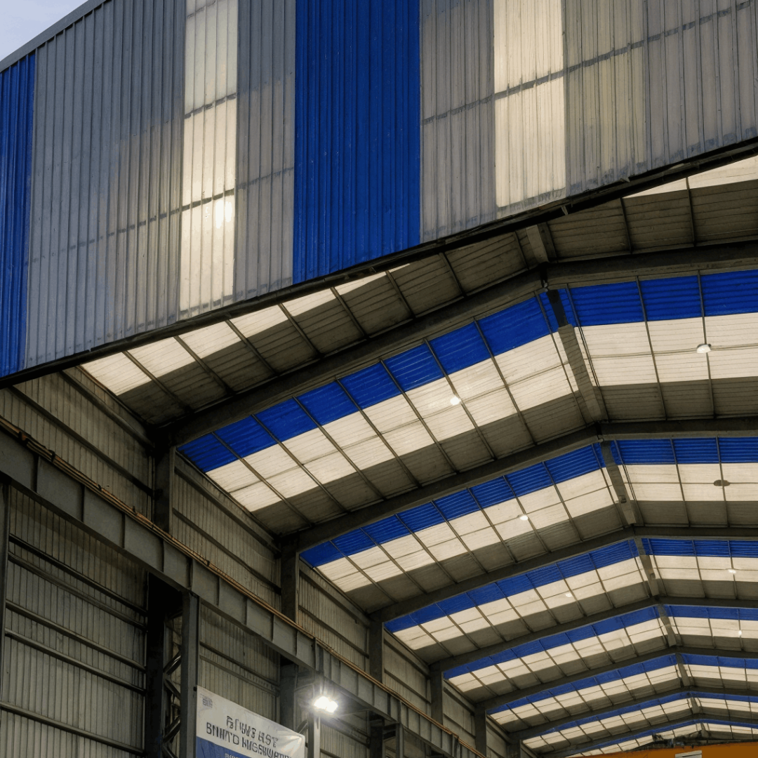 Fachada traslúcida en FRP instalada en nave industrial, permitiendo el ingreso de luz natural